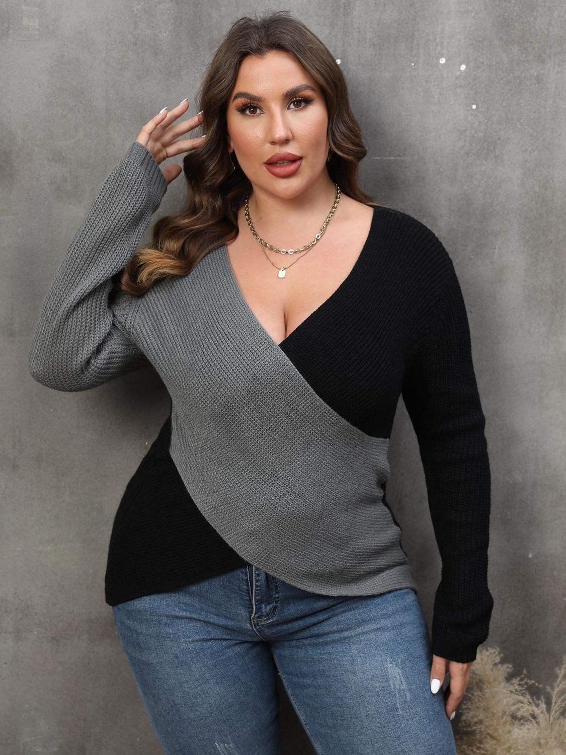 Plus Size Two-Tone Surplice Neck SweaterElevate your wardrobe with our Plus Size Two-Tone Surplice Neck Sweater! This sweater features a basic style with a touch of stretch for a comfortable fit. Made of 1SweaterTrendsiPlush Fashion Shop