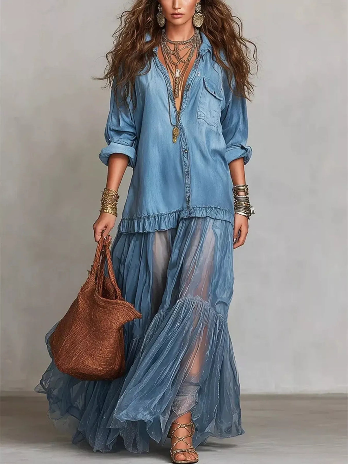 Long sleeve sheer ruffle maxi dress by Plush Fashion Hub featuring flowing fabric and elegant ruffle details.