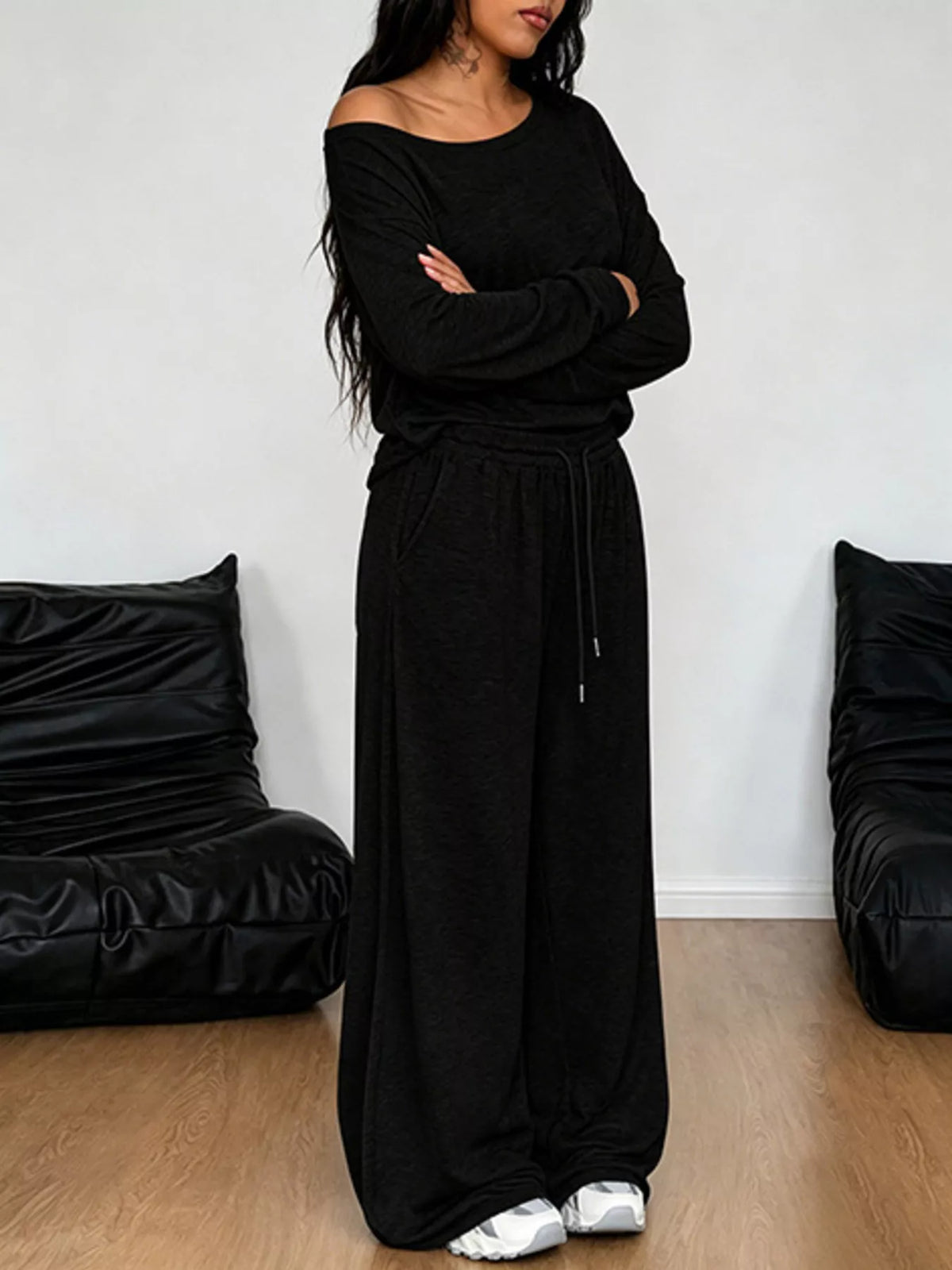 Plus size trendy one-shoulder top and drawstring pants matching set by Trendsi, full size, stylish and comfortable for casual wear