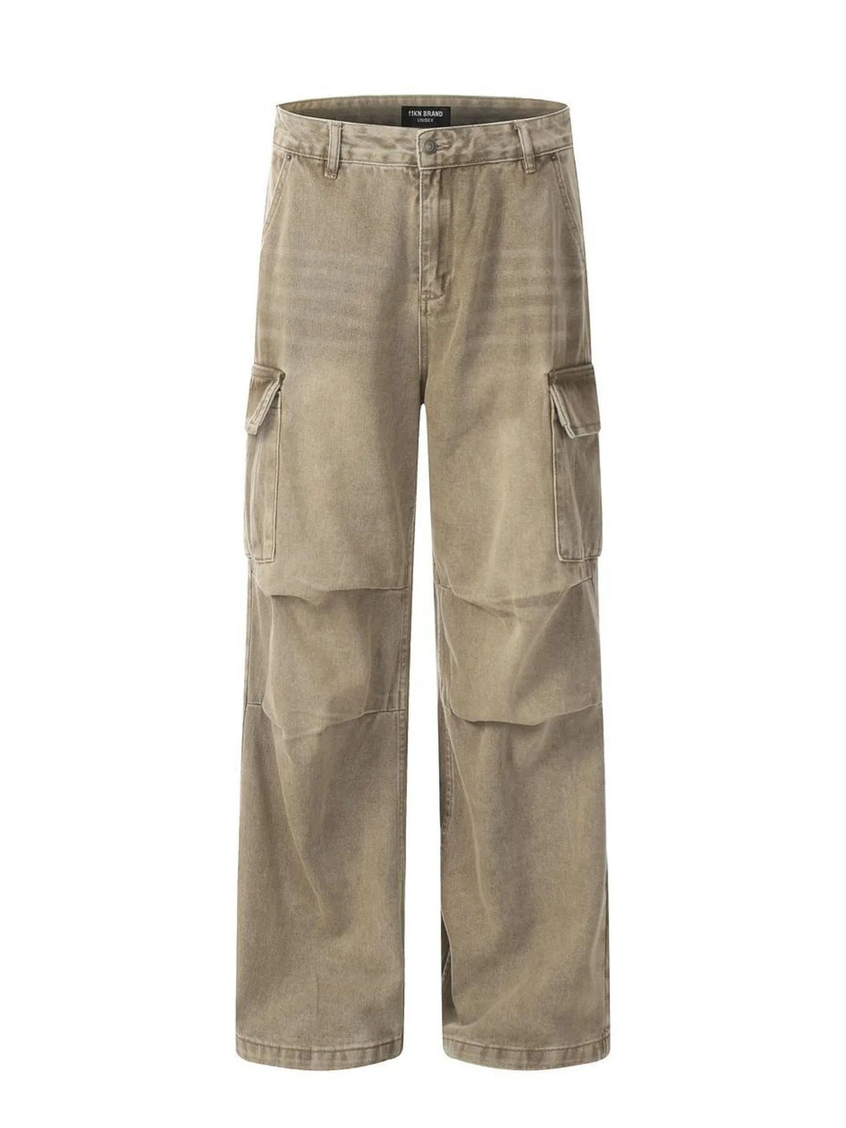 Men's vintage washed cargo jeans by Plush Fashion Hub, showing relaxed fit with multiple side and back pockets.