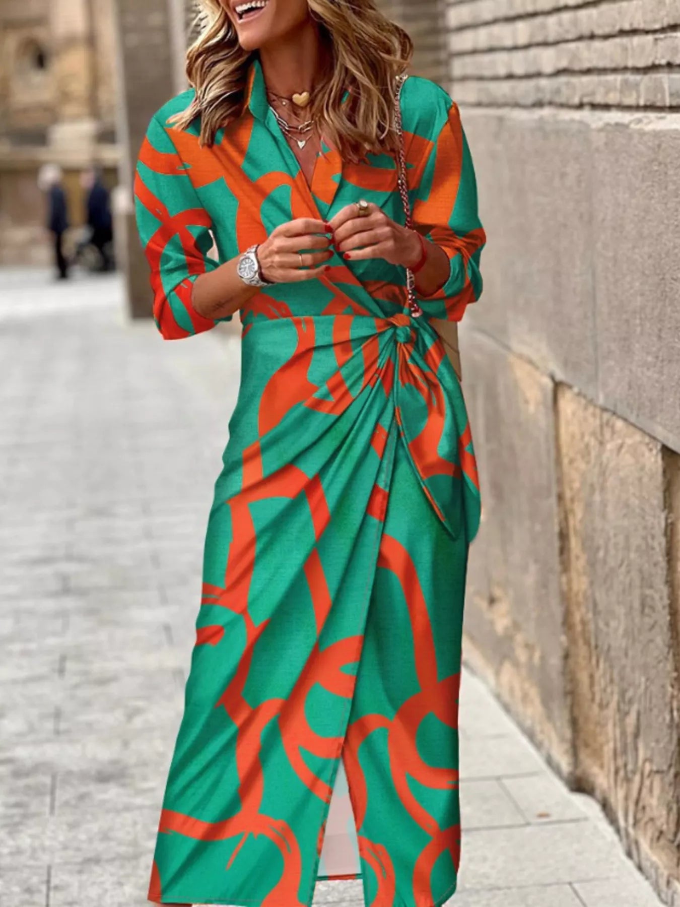 Printed collared neck shirt dress by Trendsi, featuring a stylish collar, button front, and relaxed fit, perfect for casual wear.