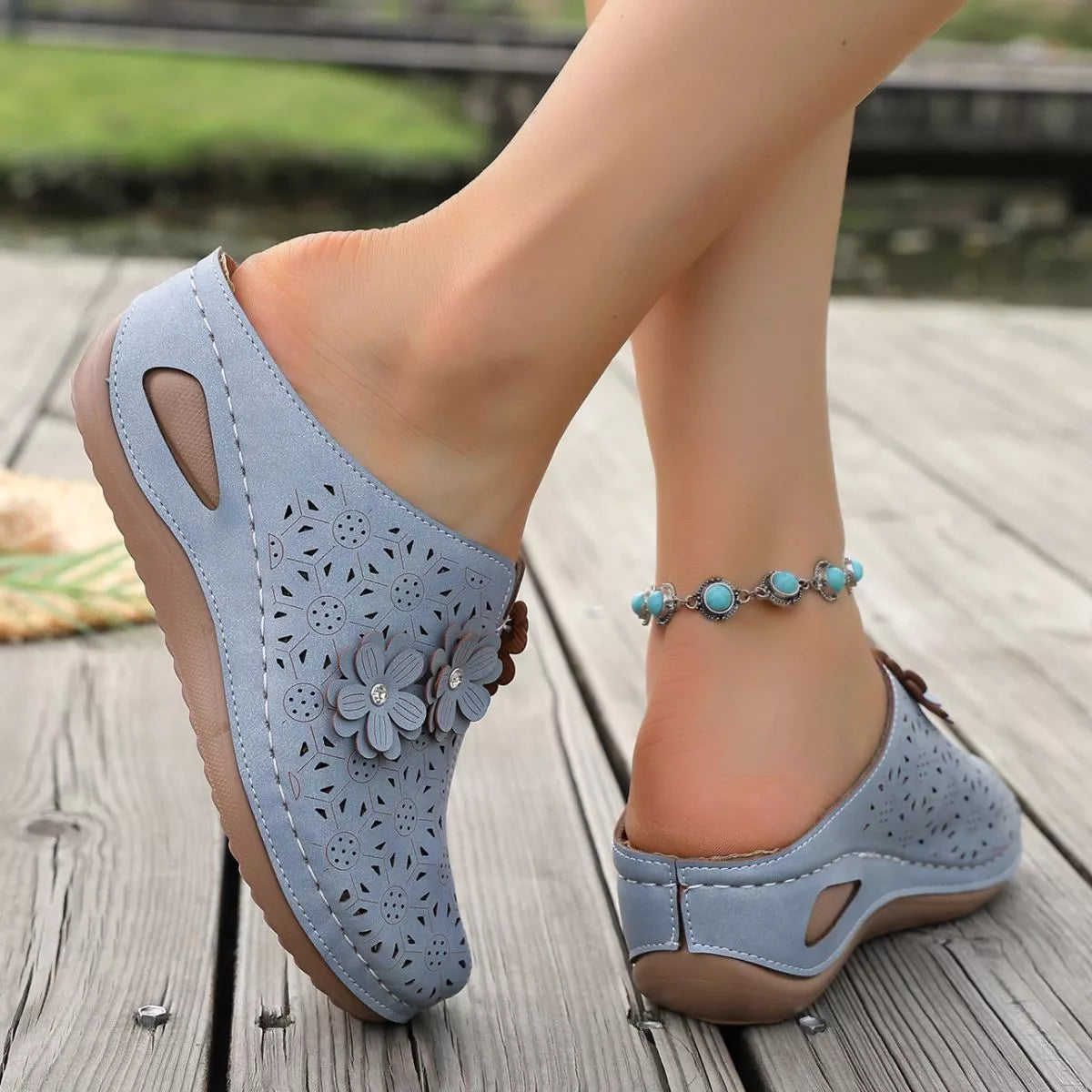 Plush Fashion Hub floral decor round toe sandals with colorful flower embellishments and comfortable strap design.
