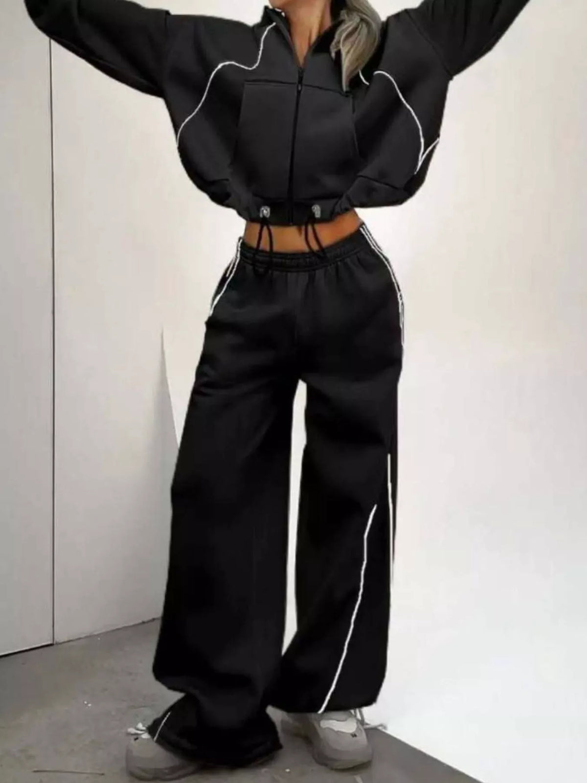 Trendsi cropped zip-up hoodie worn with wide-leg sweatpants, casual lounge set, comfortable and stylish for relaxed wear.