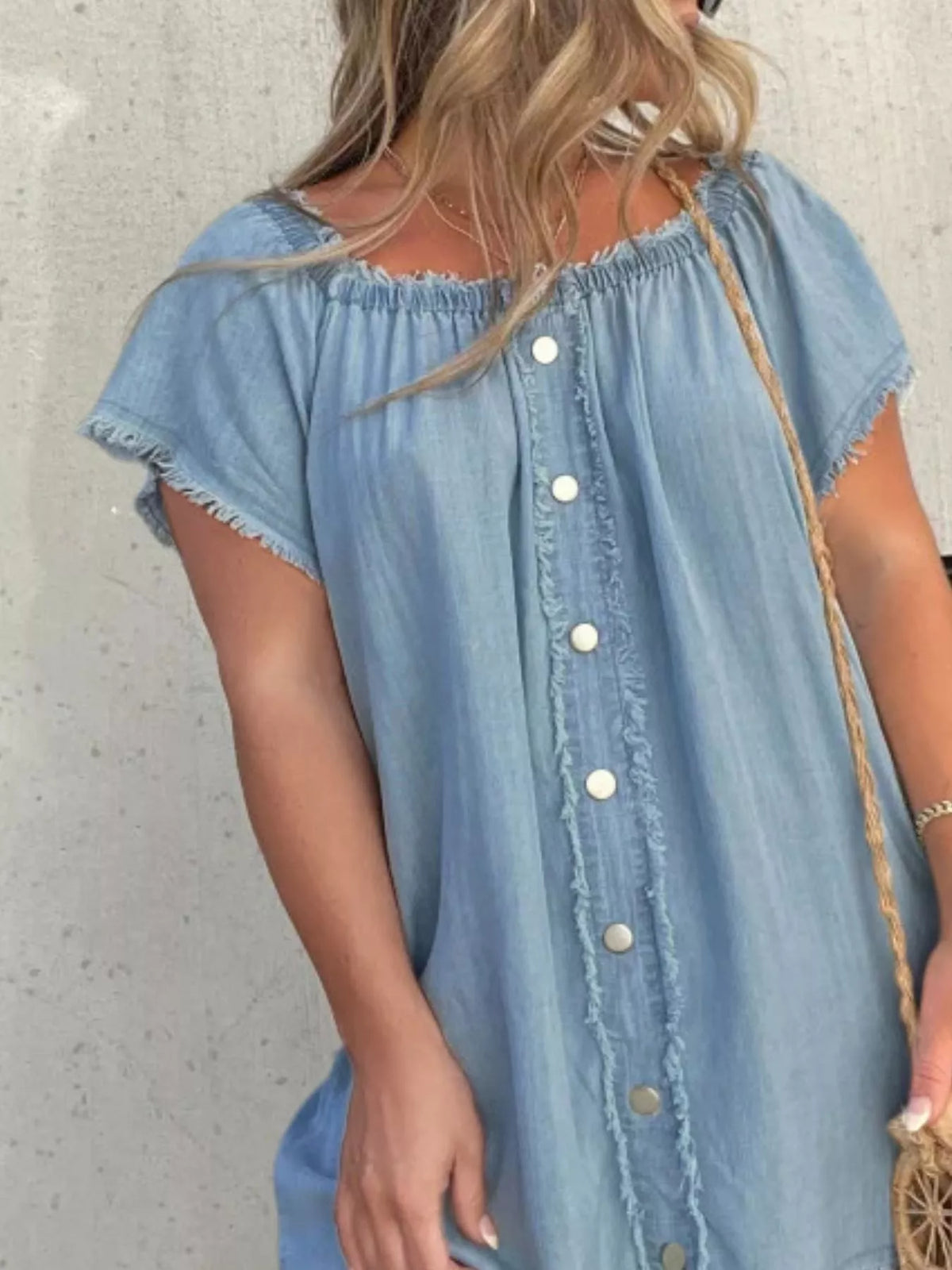 Plus size off-shoulder denim dress with button-down front and frayed hem from Plush Fashion Hub, styled on a model.