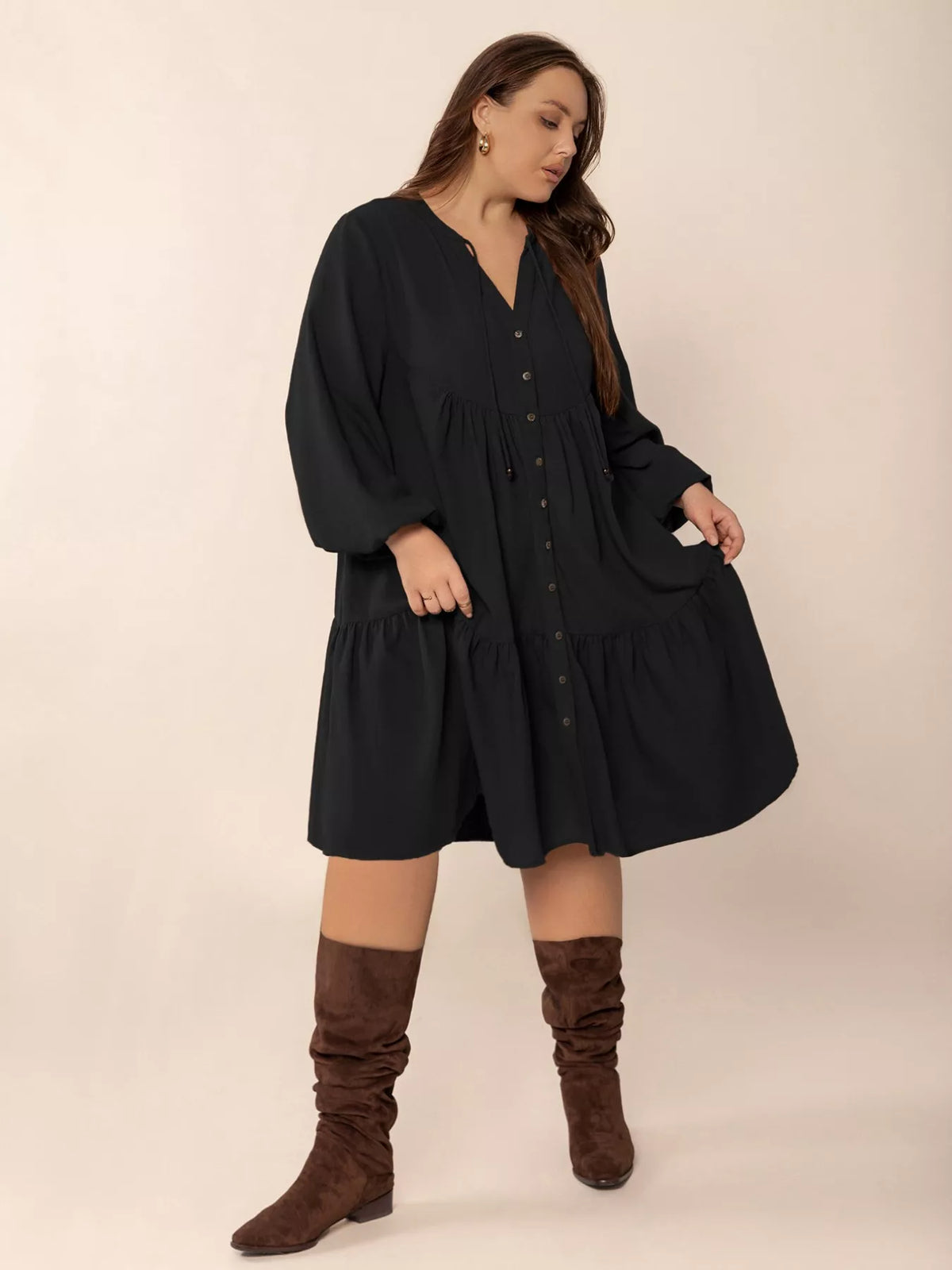 Plus size button front balloon sleeve dress by Plush Fashion Hub, featuring a stylish design and comfortable fit.