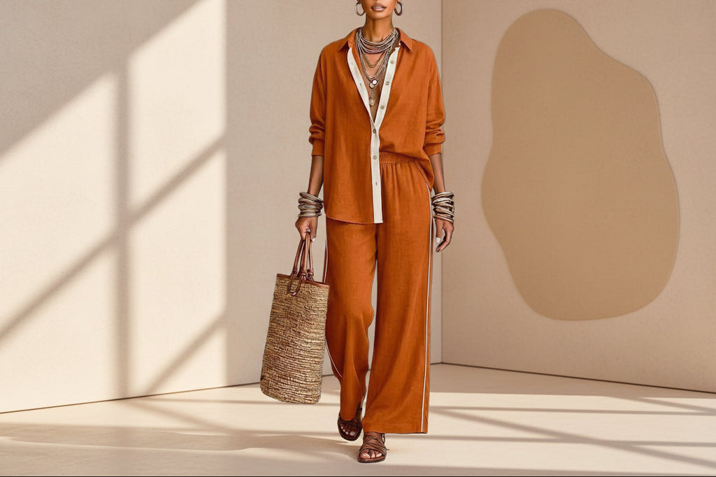 FitiqueFit contrast-color long-sleeve shirt and pants set, casualwear two-piece outfit with stylish color blocking and comfortable fit.