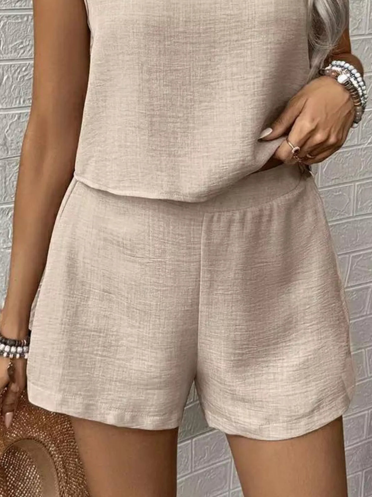 Plush Fashion Hub round neck tank top and shorts set in a casual style, featuring a comfortable fit and coordinating design.