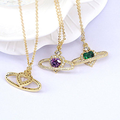 Ladies Fashion Personality Zircon Love Necklace with colorful gemstone pendants on gold chains.