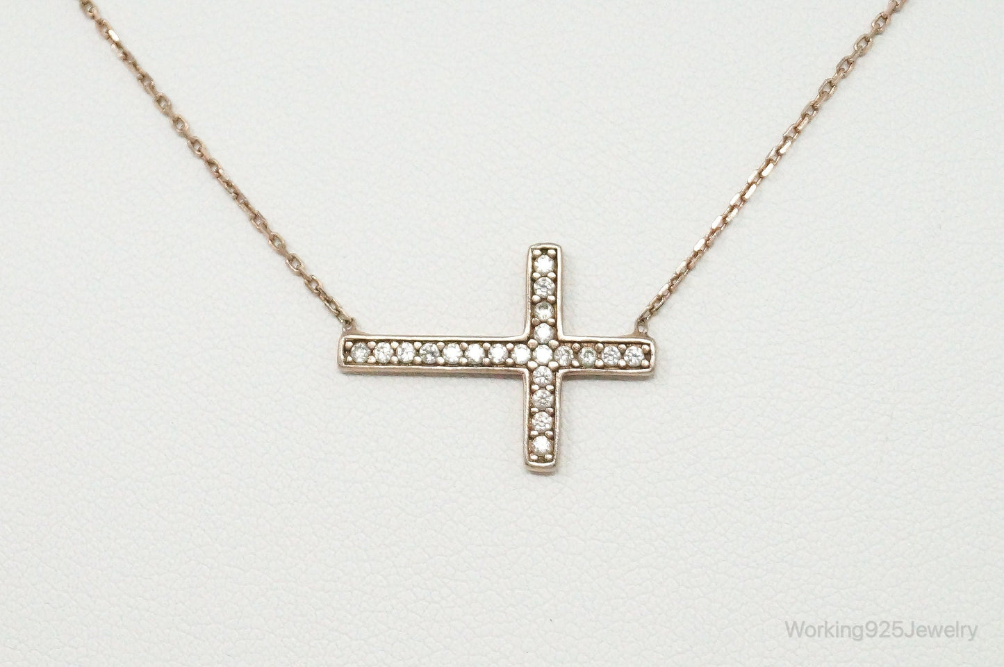 Vintage Cubic Zirconia Rose Gold Vermeil Sterling Silver Cross Necklace Working 925 Jewelry