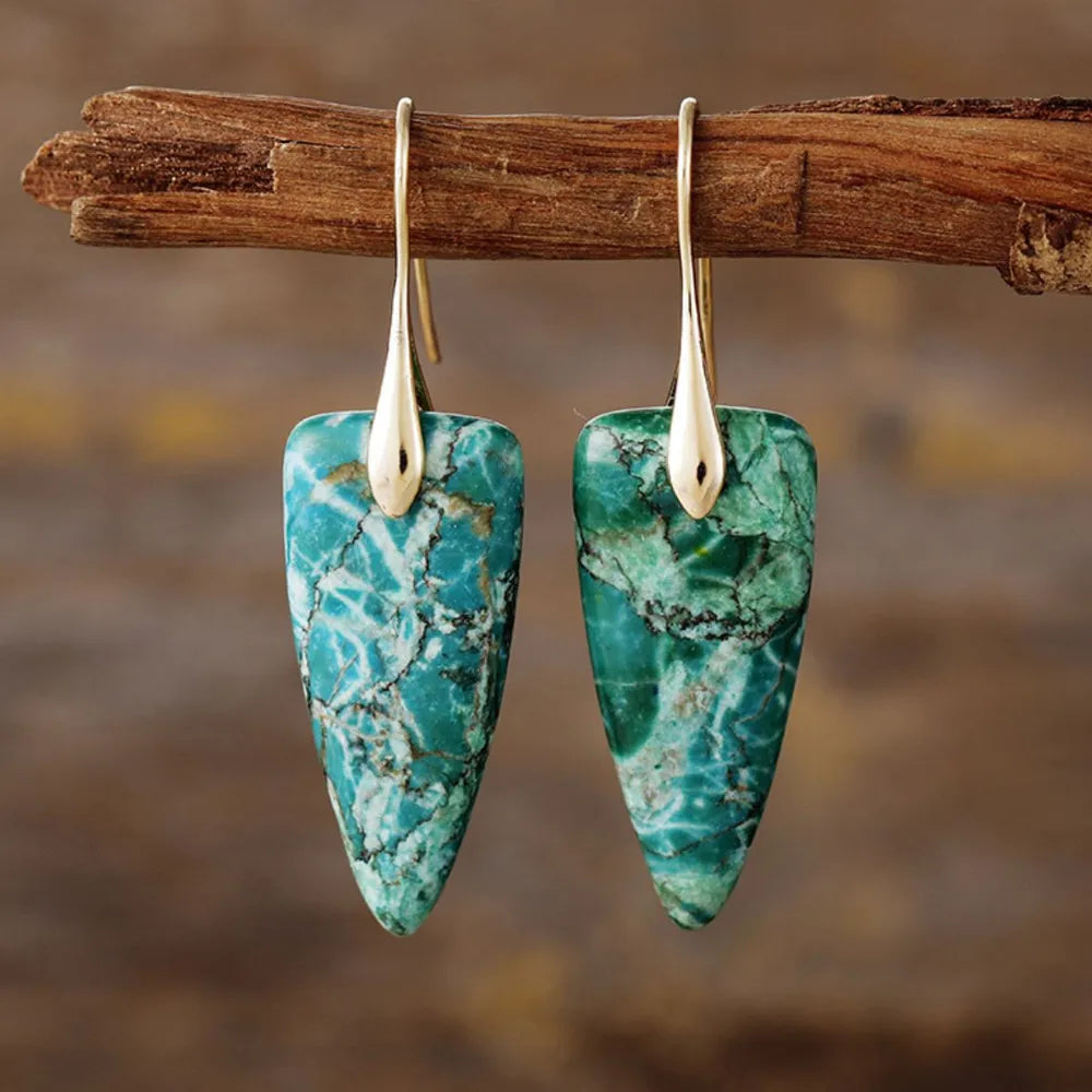 Natural stone geometric shape earrings with modern design, featuring polished stones and gold-tone accents from Plush Fashion Hub.