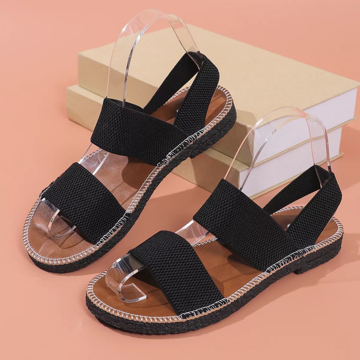 Women's elastic band open toe flat sandals by Plush Fashion Hub, featuring comfortable open-toe design and stylish flat soles.