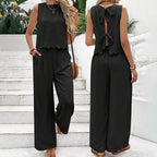 Elegant FitiqueFit 2-piece matching casualwear set with a sleeveless crop top and wide-leg pants, perfect for stylish comfort.