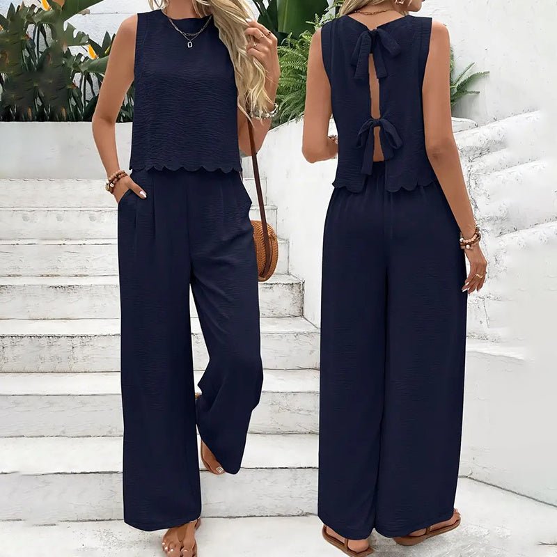 Elegant FitiqueFit 2-piece matching casualwear set with sleeveless crop top and wide-leg pants, perfect for stylish everyday wear.