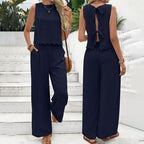 Elegant FitiqueFit 2-piece matching casualwear set with sleeveless crop top and wide-leg pants, perfect for stylish everyday wear.