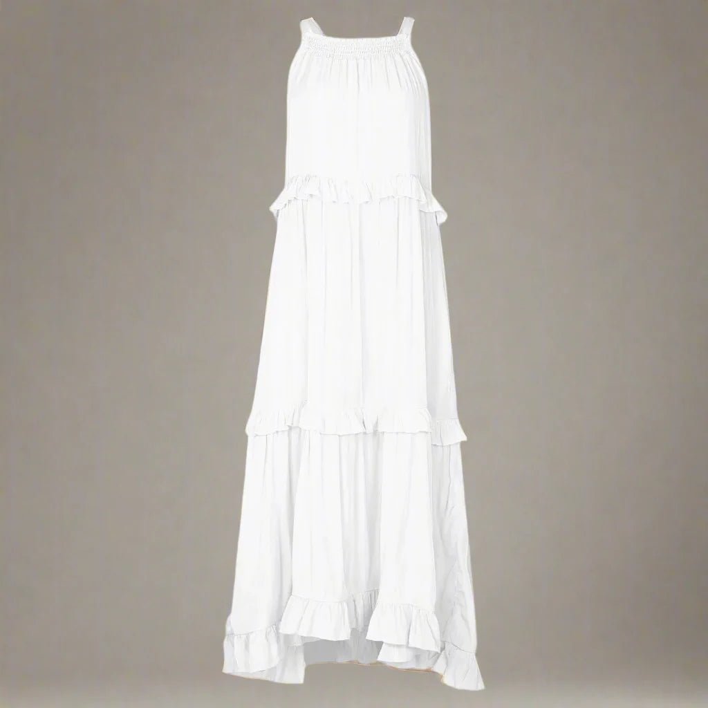 Elegant apricot ruffle maxi dress by FitiqueFit, featuring flowing fabric and stylish design for casualwear.