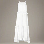Elegant apricot ruffle maxi dress by FitiqueFit, featuring flowing fabric and stylish design for casualwear.