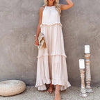 Elegant apricot ruffle maxi dress from FitiqueFit, casualwear style with flowing fabric and ruffled details.