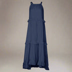 Elegant apricot ruffle maxi dress by FitiqueFit featuring flowing fabric and ruffled details, perfect for casual wear.
