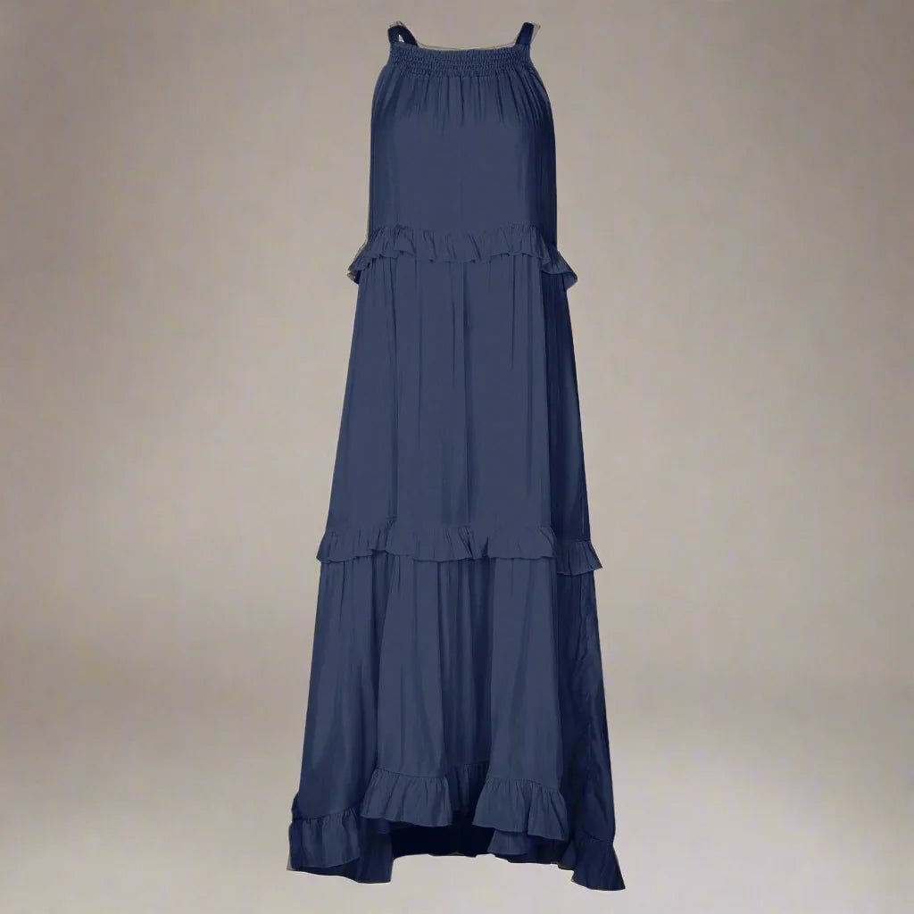 Elegant apricot ruffle maxi dress by FitiqueFit featuring flowing fabric and ruffled details, perfect for casual wear.