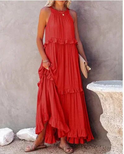 Elegant apricot ruffle maxi dress by FitiqueFit, featuring flowing fabric and stylish ruffle details for casualwear.