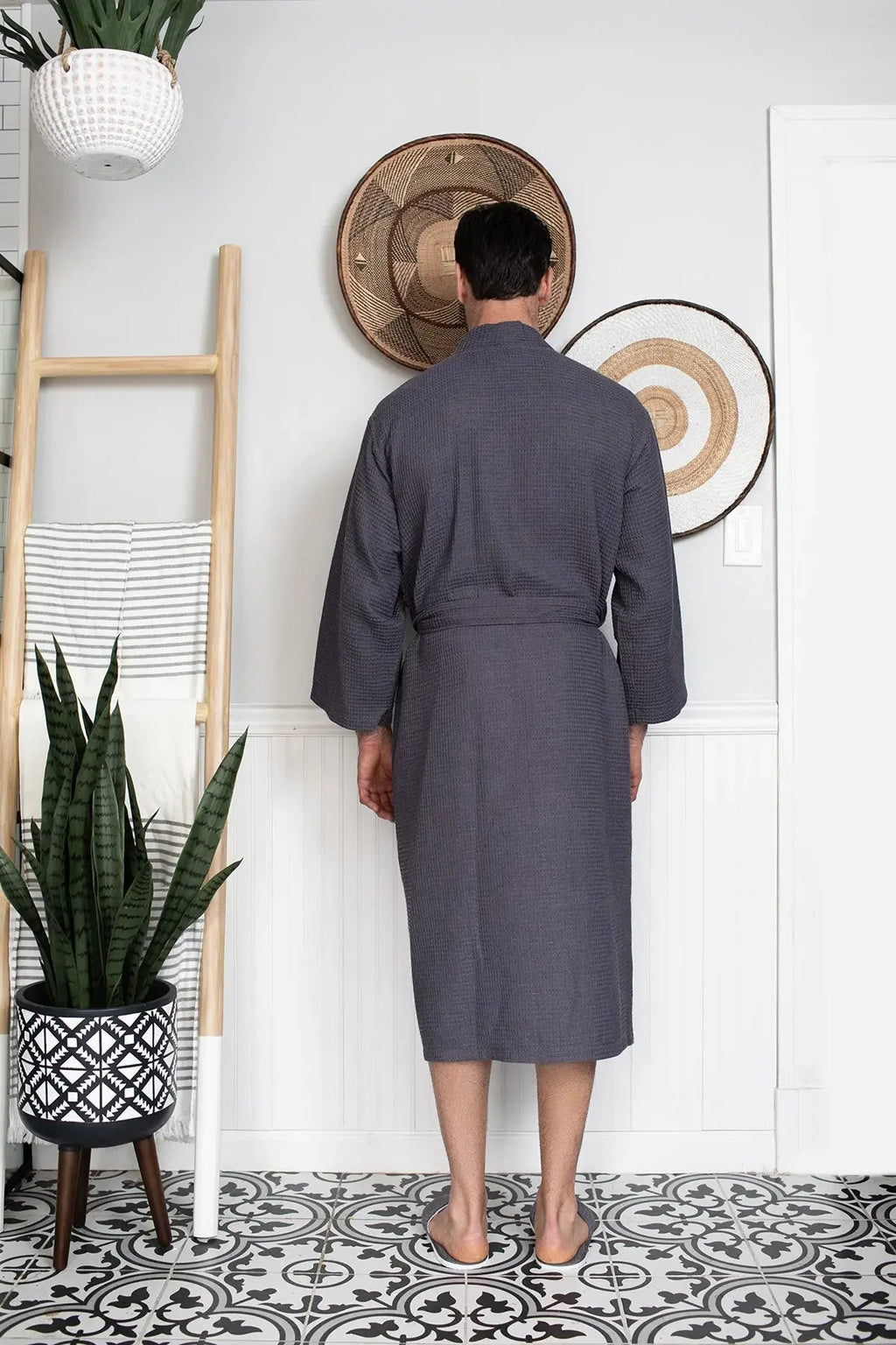 Lotus Linen men's waffle spa bathrobe with embroidery, lightweight and absorbent, perfect for comfortable post-shower relaxation.