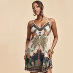 European and American-style tropical print V-neck slip dress by FitiqueFit, featuring vibrant tropical patterns and lightweight casual wear style.