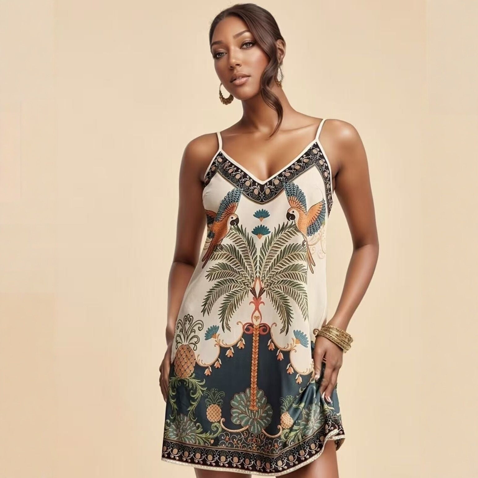 European and American-style tropical print V-neck slip dress by FitiqueFit, featuring vibrant tropical patterns and lightweight casual wear style.