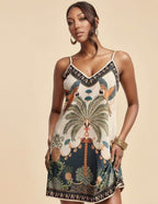 European and American-style tropical print V-neck slip dress by FitiqueFit, featuring a vibrant tropical pattern and casual design.
