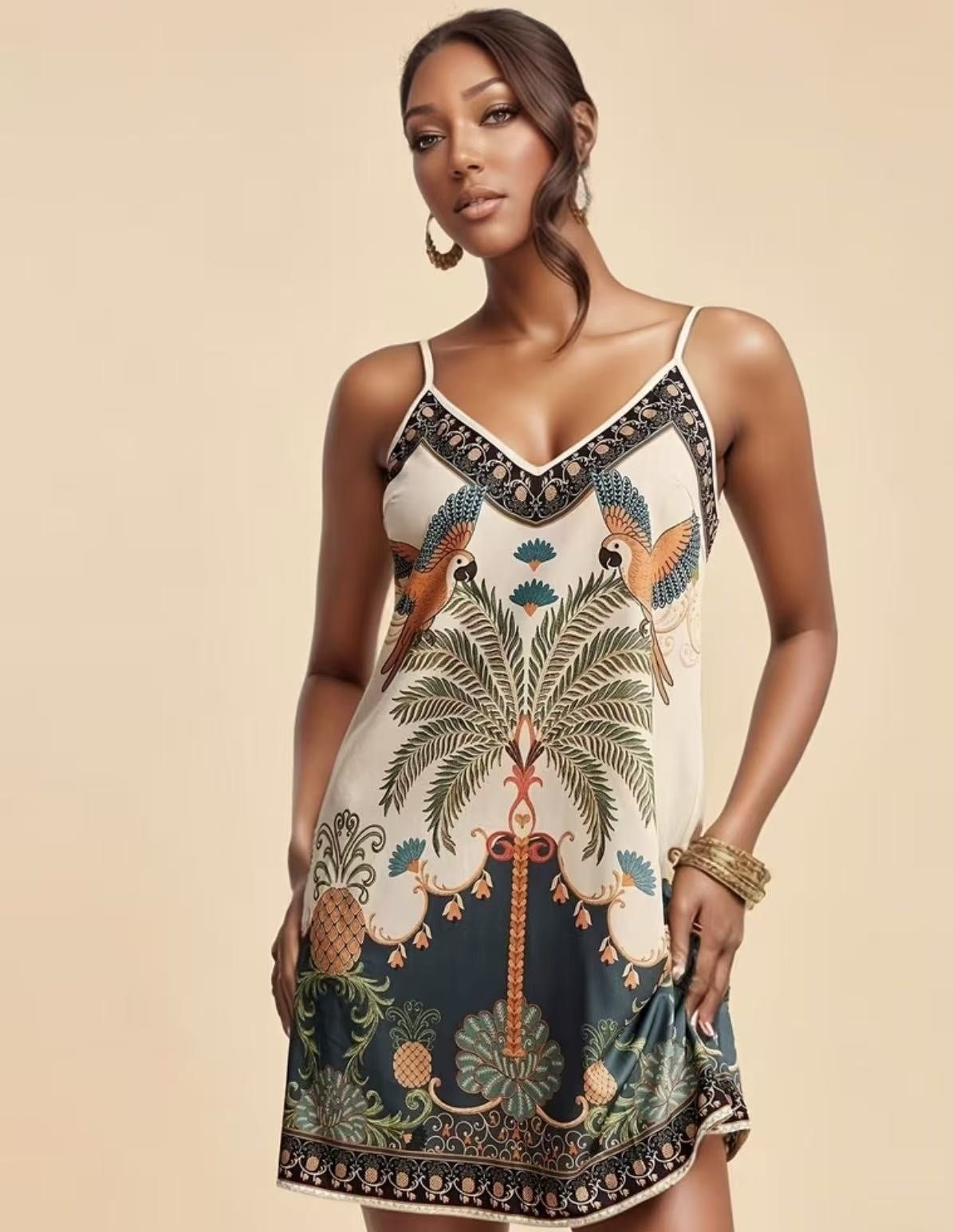 European and American-style tropical print V-neck slip dress by FitiqueFit, featuring a vibrant tropical pattern and casual design.