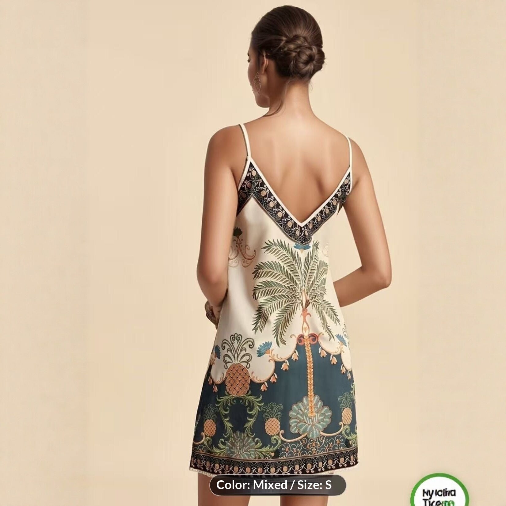 European and American-style tropical print V-neck slip dress by FitiqueFit, featuring vibrant tropical floral design and lightweight casualwear.