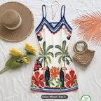 European and American-style tropical print V-neck slip dress by FitiqueFit, featuring vibrant tropical patterns and casual chic design.