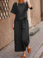 European and American women's linen casual loose two-piece suit, featuring a solid color top and bottom, by LadyShow.Store.