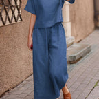 European and American women's linen casual two-piece suit with loose fit and solid color, featuring a stylish top.