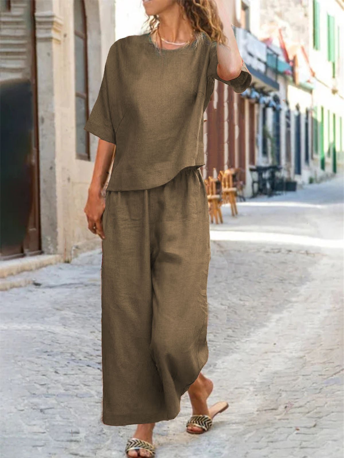 European and American women's linen casual two-piece suit with a loose fit, featuring solid color tops and comfortable design.