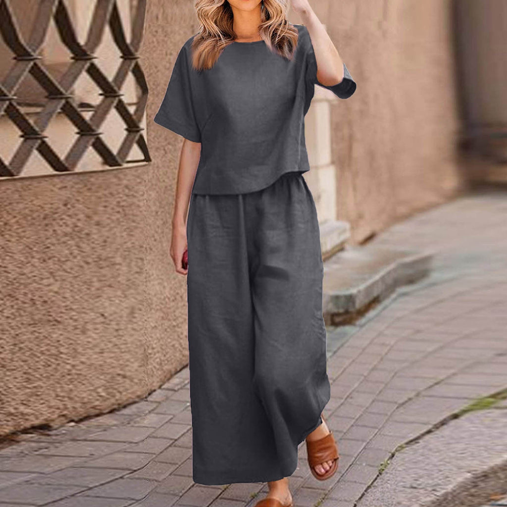 European and American women's linen casual two-piece suit with a loose fit, featuring solid color tops and comfortable style.