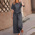 European and American women's linen casual two-piece suit with a loose fit, featuring solid color tops and comfortable style.