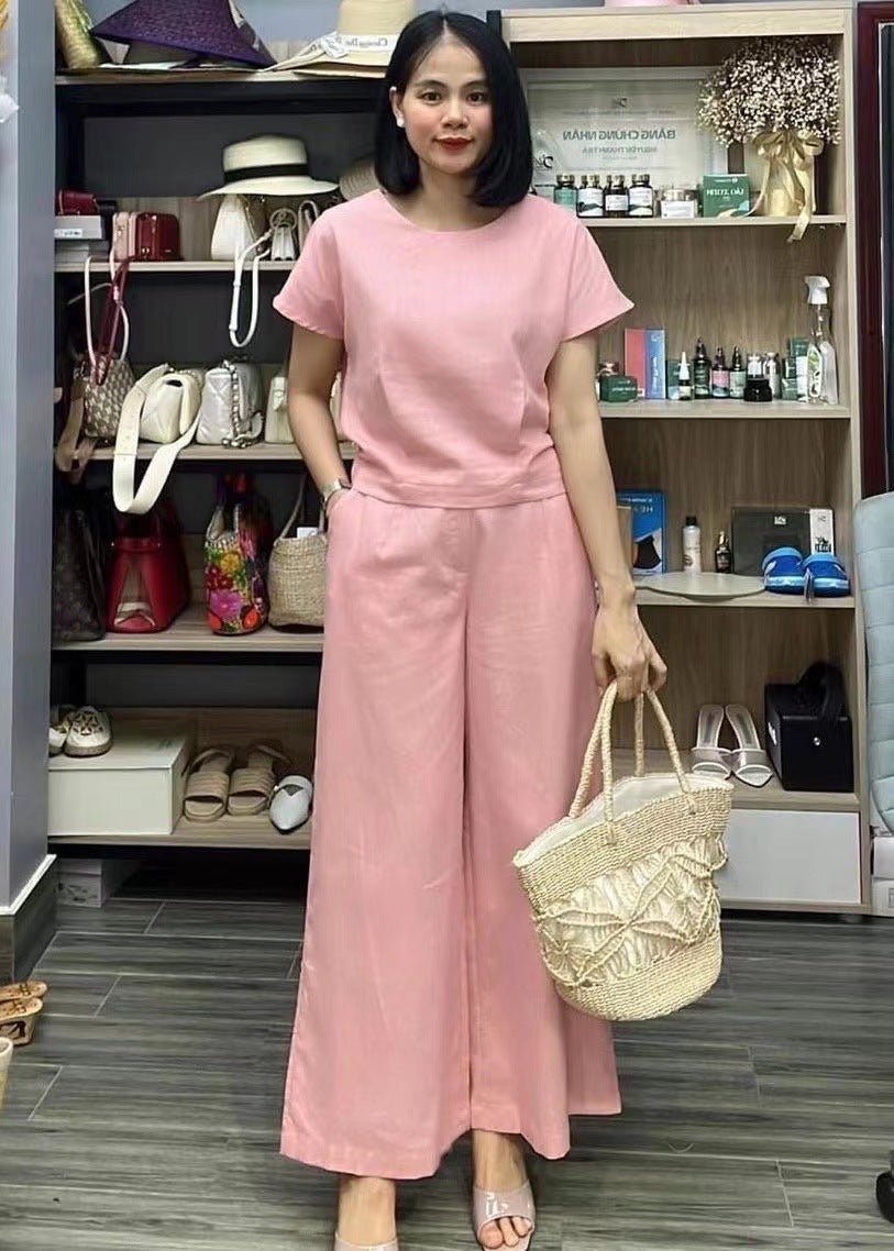 European and American women's linen two-piece casual suit, featuring a loose fit solid color top and bottom, by LadyShow.Store.