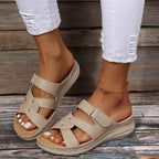 European LadyShow.Store casual wedge heel platform sandals with car stitching, buckle detail, lightweight design, and comfortable fit.