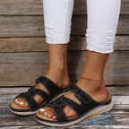 European style LadyShow Store wedge heel platform sandals with car stitching, casual design, lightweight comfort, and buckle closure.