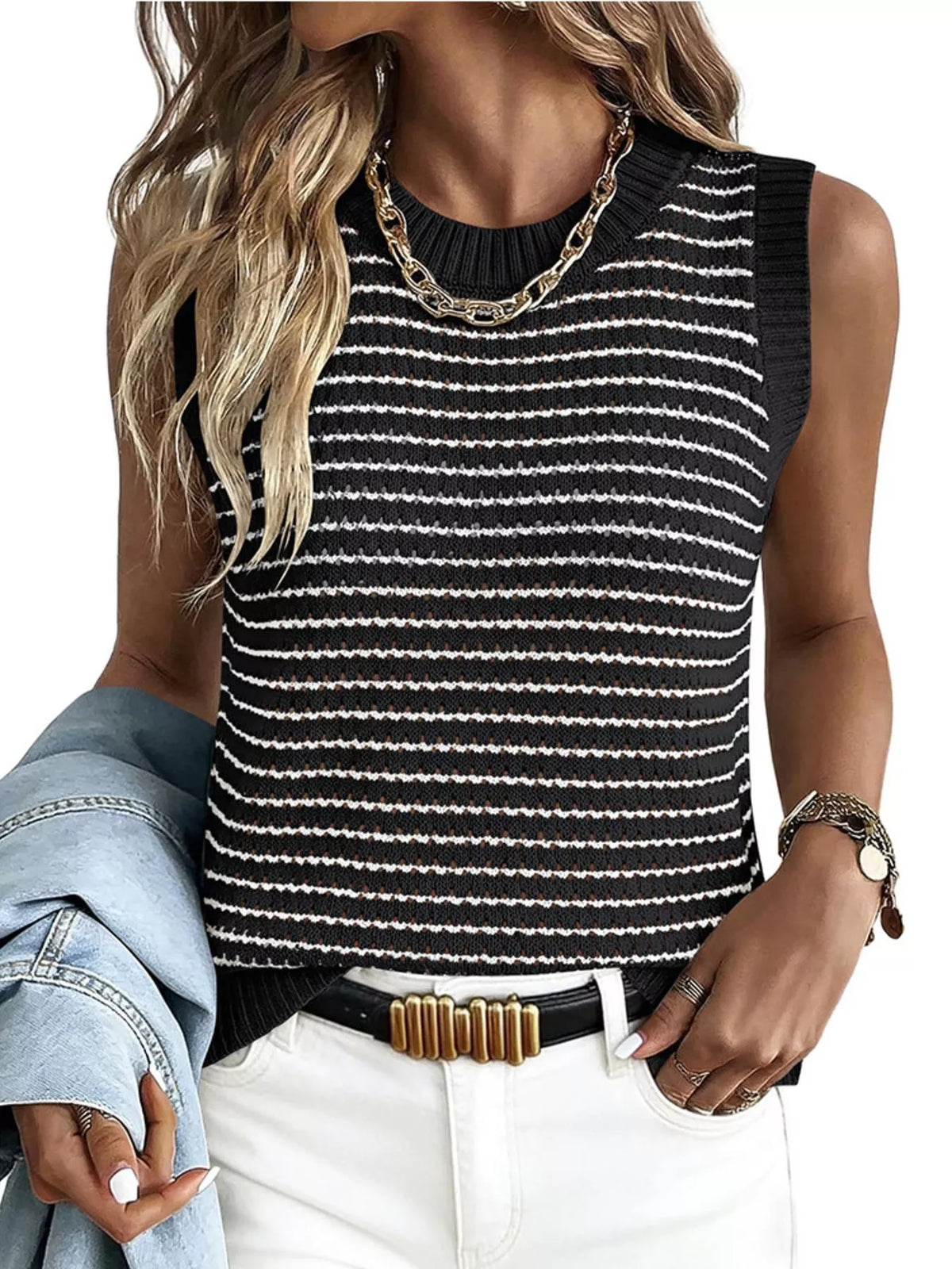 Striped knit sweater vest from Plush Fashion Hub with a cozy, fitted design and multicolor horizontal stripes.