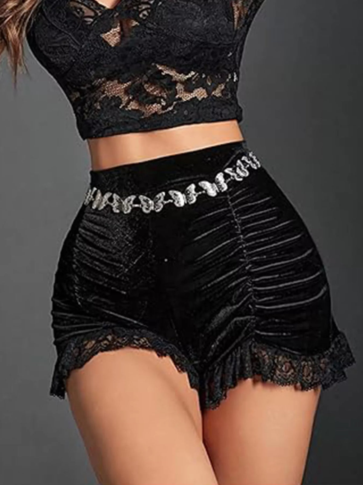 Velvet ruched shorts with lace trim from Plush Fashion Hub, showcasing soft fabric, ruched detailing, and elegant lace accents.