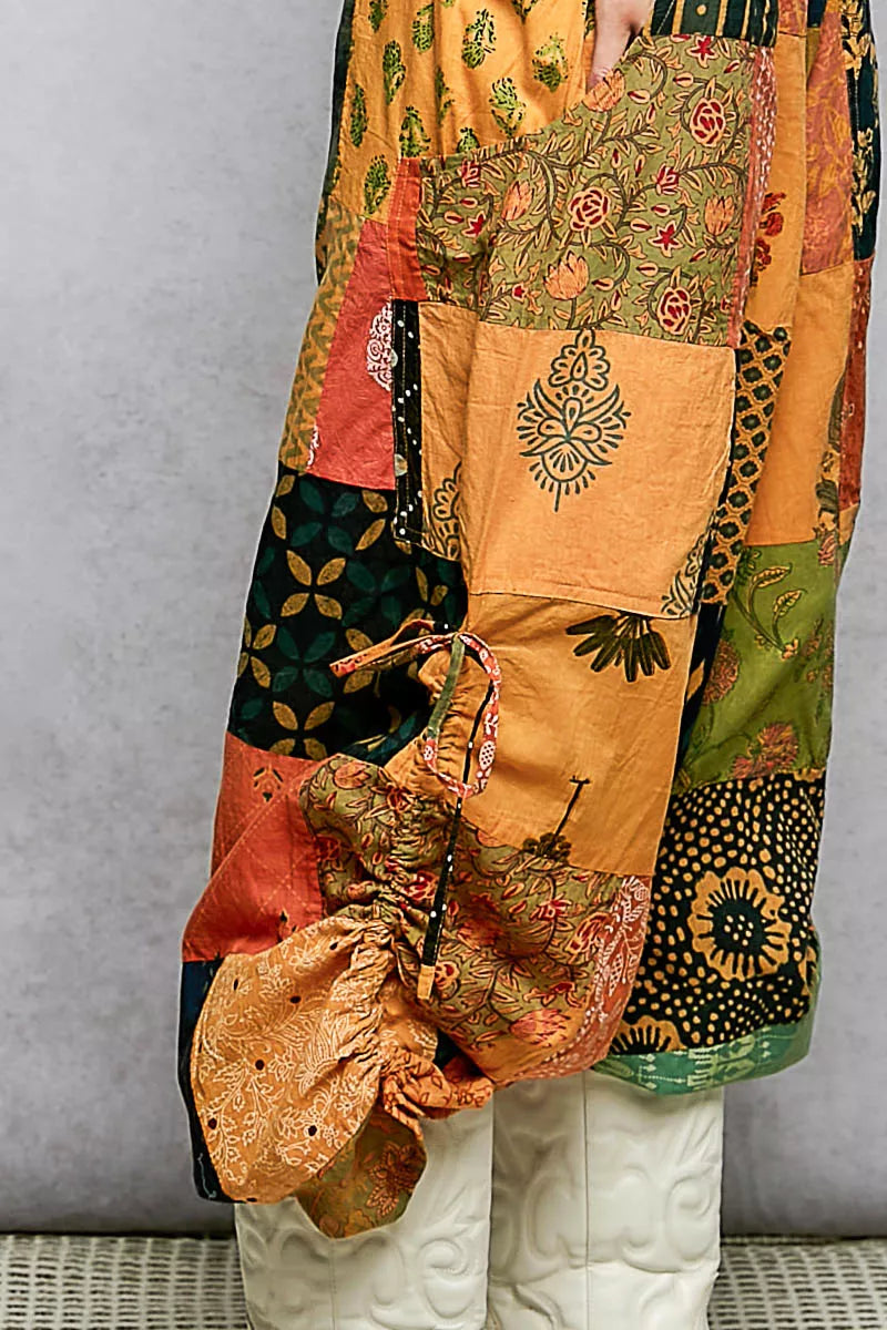 Cotton printed patchwork wide-leg pants with side drawstring, casual and comfortable fashion by Plush Fashion Hub.