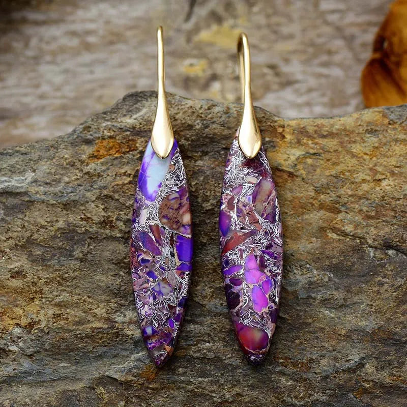 Natural stone geometric copper earrings with modern design, featuring earthy tones and sleek shapes, by Plush Fashion Hub.
