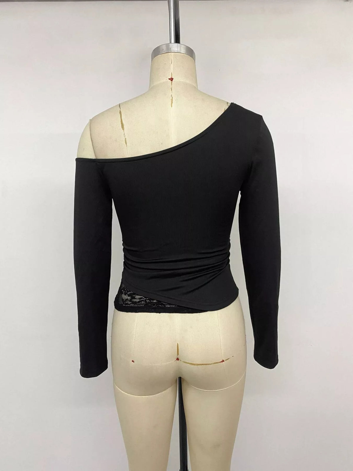 White one-shoulder lace trim slim fit T-shirt from Trendsi, featuring a stylish asymmetrical design and delicate lace detailing.