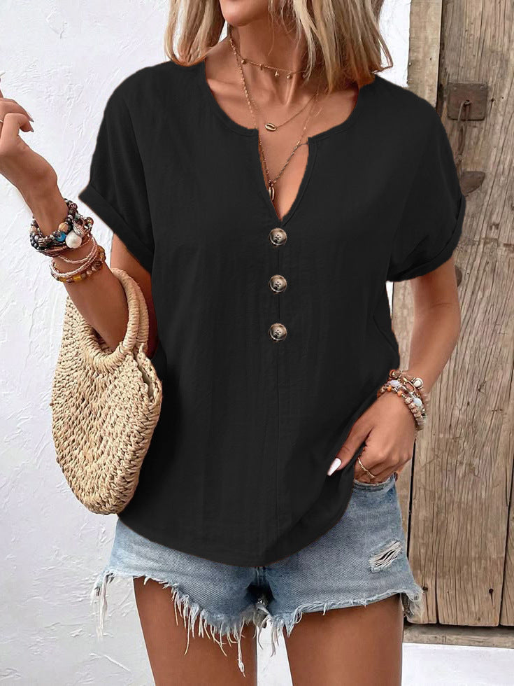 Women's buttoned V-neck short-sleeve T-shirt top from LadyShow.Store, featuring a stylish design and comfortable fit.