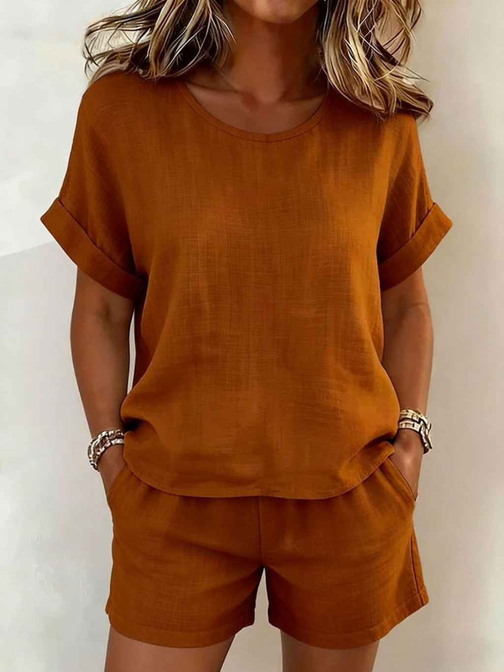 Solid-color cotton linen T-shirt and shorts set by FitiqueFit in various colors, casualwear for comfortable everyday style.