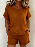 Solid-color cotton linen T-shirt and shorts set by FitiqueFit in various colors, casualwear for comfortable everyday style.