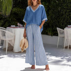 Women's striped tunic top and casual trousers two-piece set by FitiqueFit, featuring a stylish, comfortable casualwear outfit.