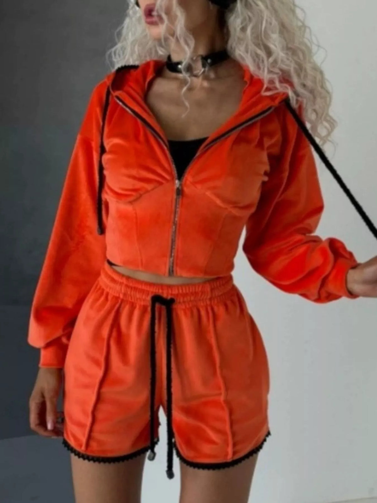 Plush Fashion Hub zip-up hooded outerwear and shorts set, soft fabric, hood with drawstrings, and matching shorts, casual loungewear.