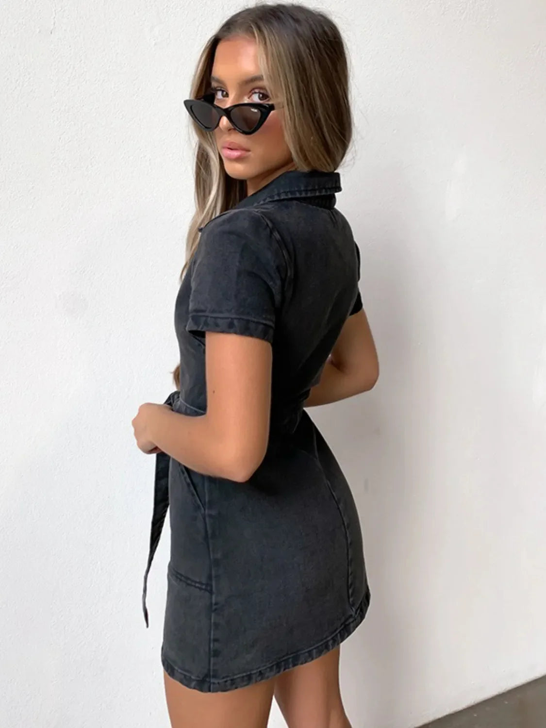Plus size short sleeve denim dress with full zip front from Plush Fashion Hub, casual and stylish clothing for women